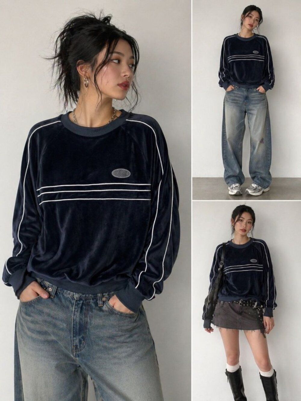 X-Girl Velour Pullover Women Sweatshirt W/Logo Patch Design Black Small